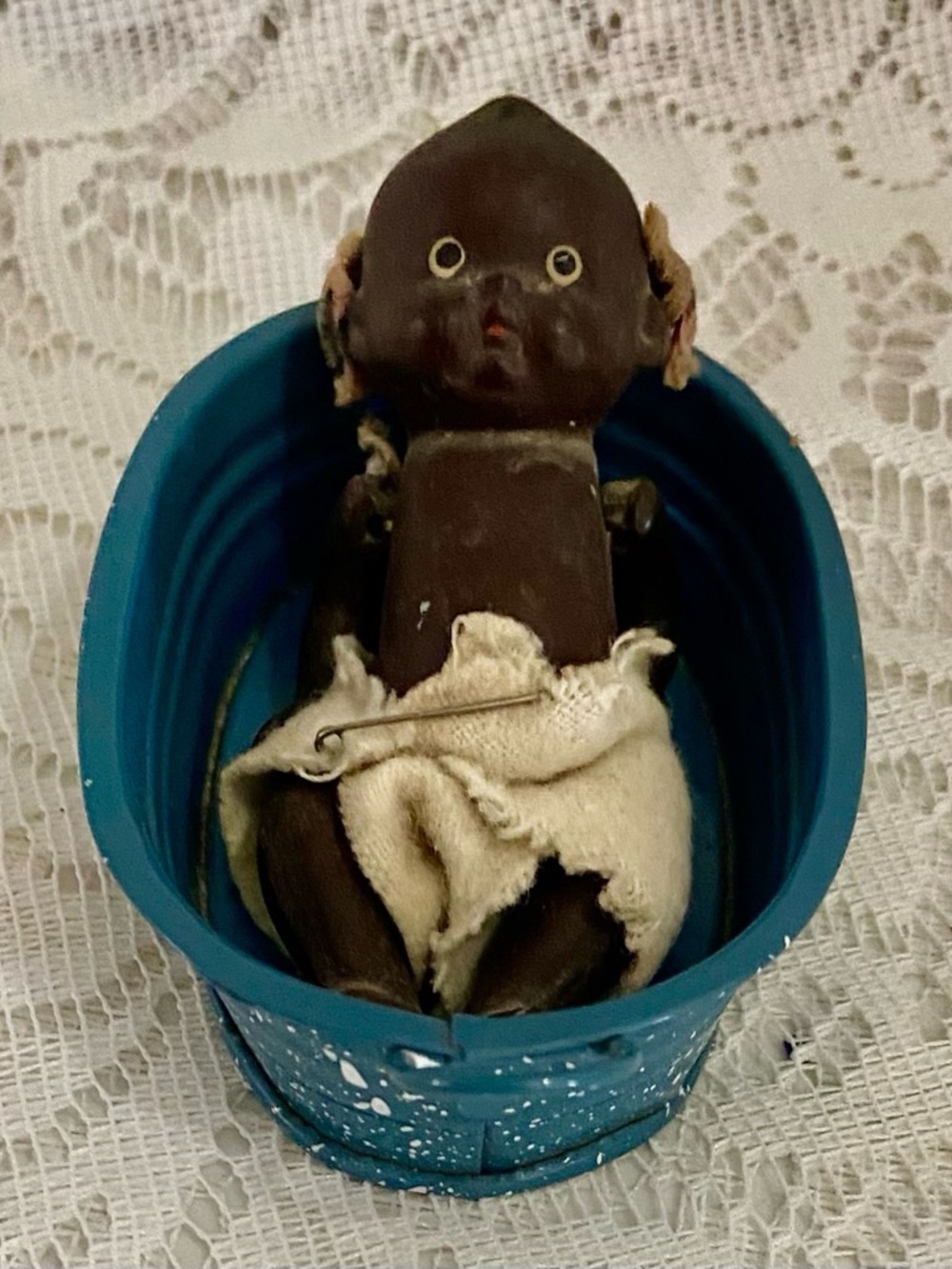 Antique African American 4in Doll in a 5in x 2.5in Blue Enamel Tub